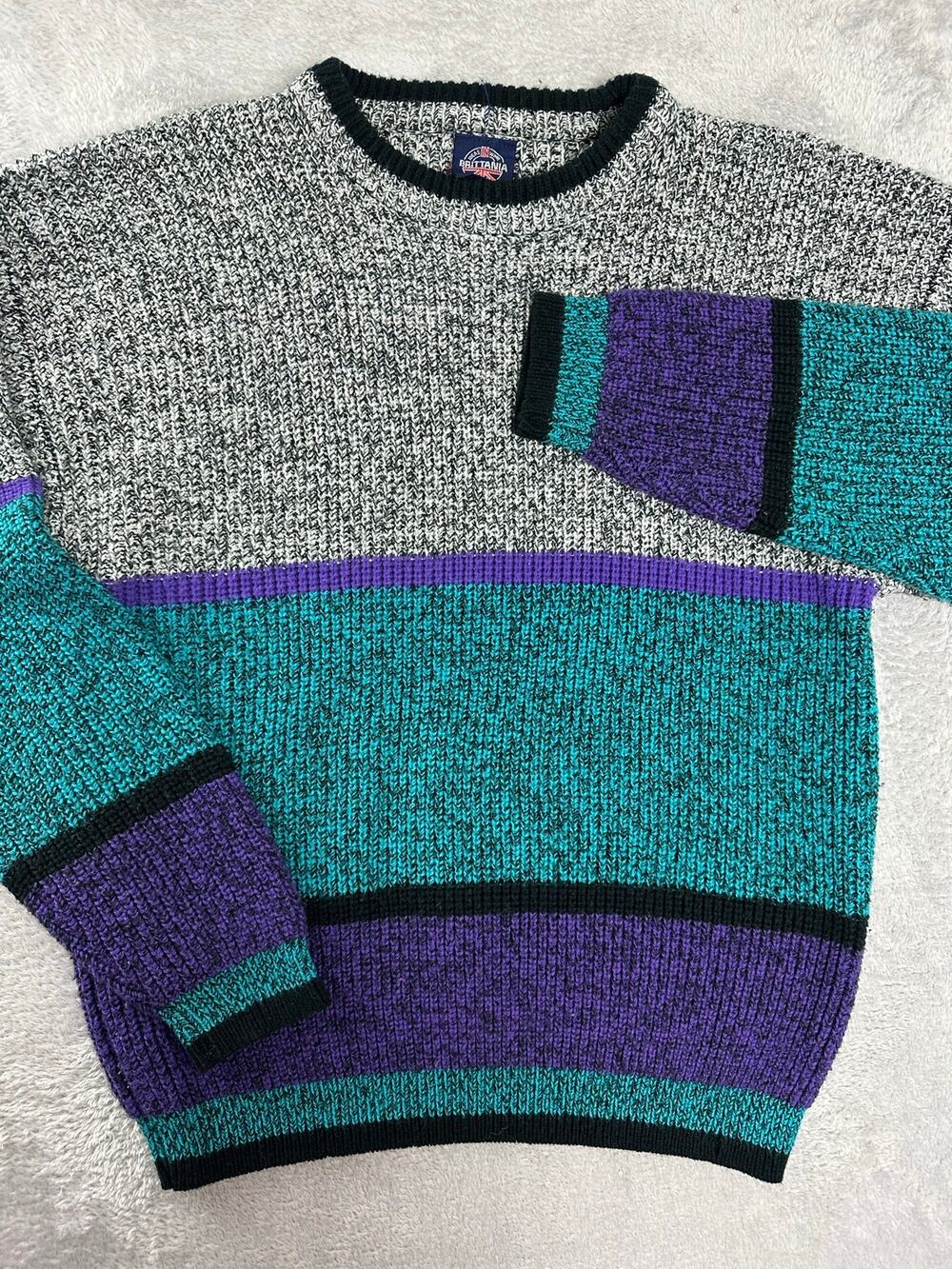 Vintage Brittania Purple Teal Colorblock Chunky Knit Sweater Men's Medium Retro
